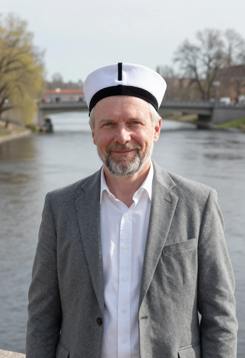 AI valborg uppsala white cap champagne sample — portrait of a man, a Valborg celebrant of Swedish descent in