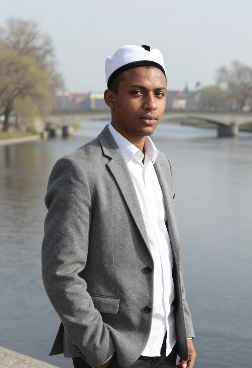 AI valborg uppsala white cap champagne sample — portrait of a man, a Valborg celebrant of Eritrean descent i