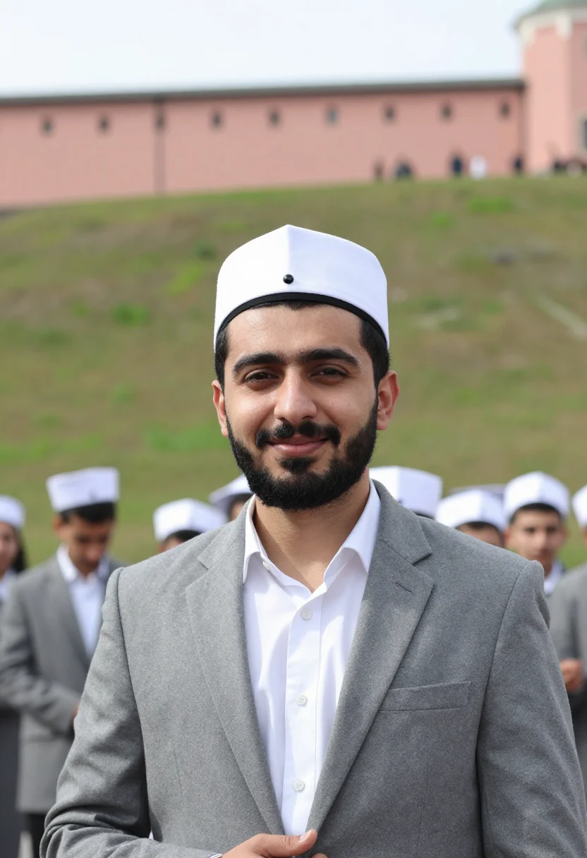 AI valborg uppsala white cap champagne sample — portrait of a man, a Valborg celebrant of Iranian descent in