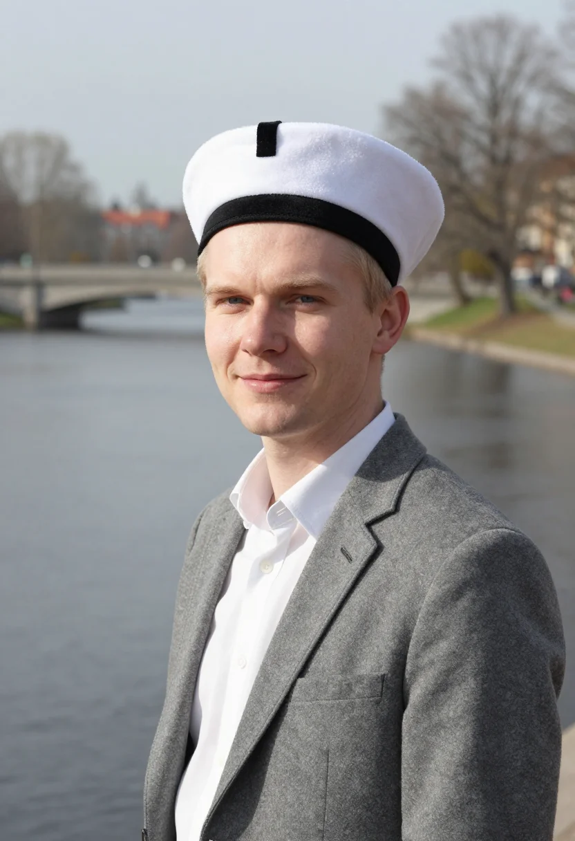 AI valborg uppsala white cap champagne sample — portrait of a man, a Valborg celebrant of Swedish descent in