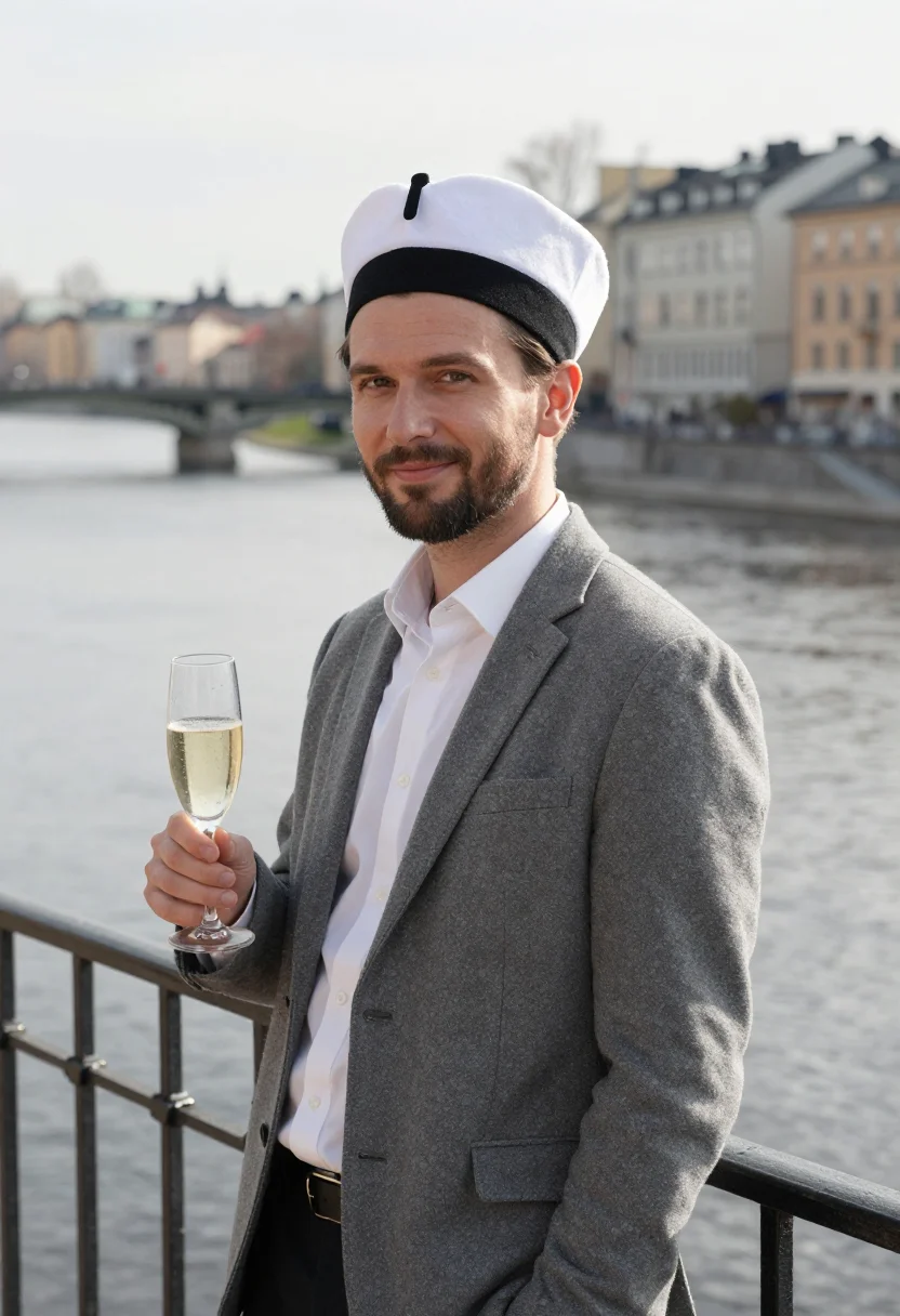 AI valborg uppsala white cap champagne sample — portrait of a man, a Valborg celebrant of Swedish descent in