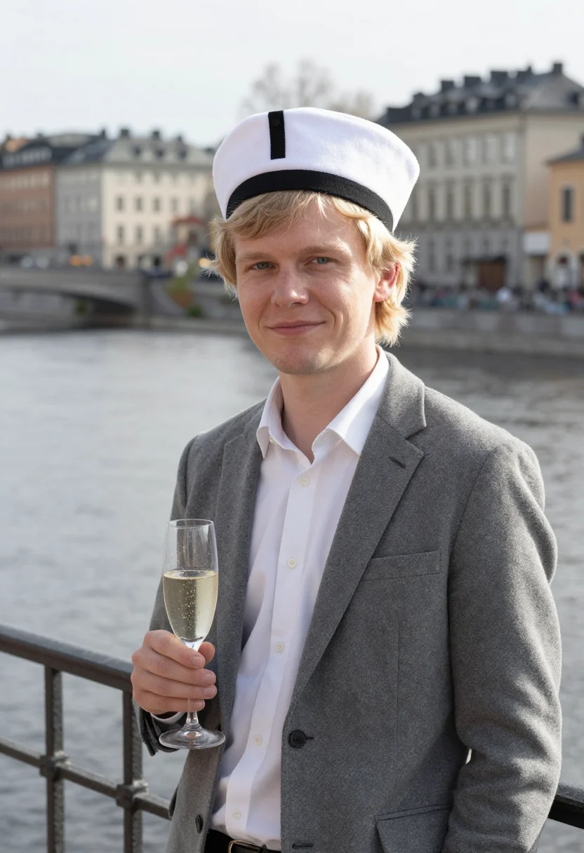 AI valborg uppsala white cap champagne sample — portrait of a man, a Valborg celebrant of Norwegian descent