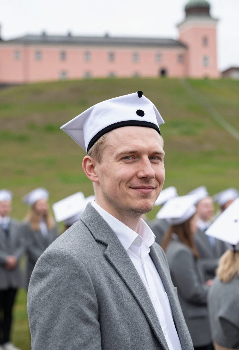 AI valborg uppsala white cap champagne sample — portrait of a man, a Valborg celebrant of Finnish descent in