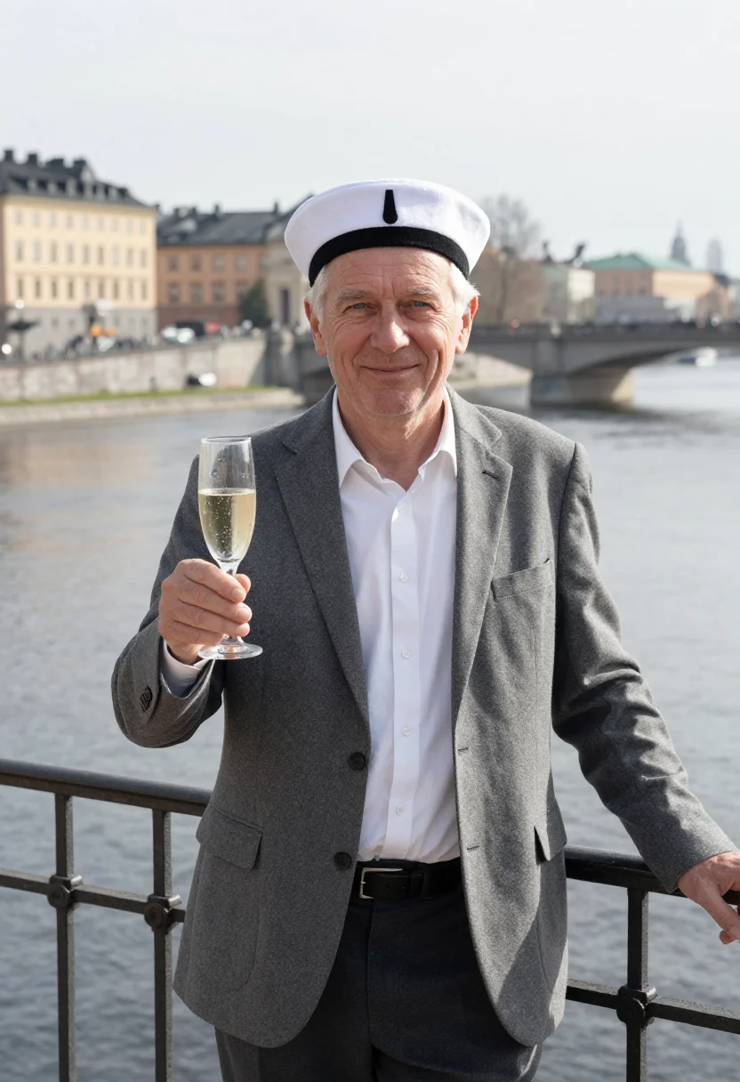 AI valborg uppsala white cap champagne sample — portrait of a man, a Valborg celebrant of Swedish descent in