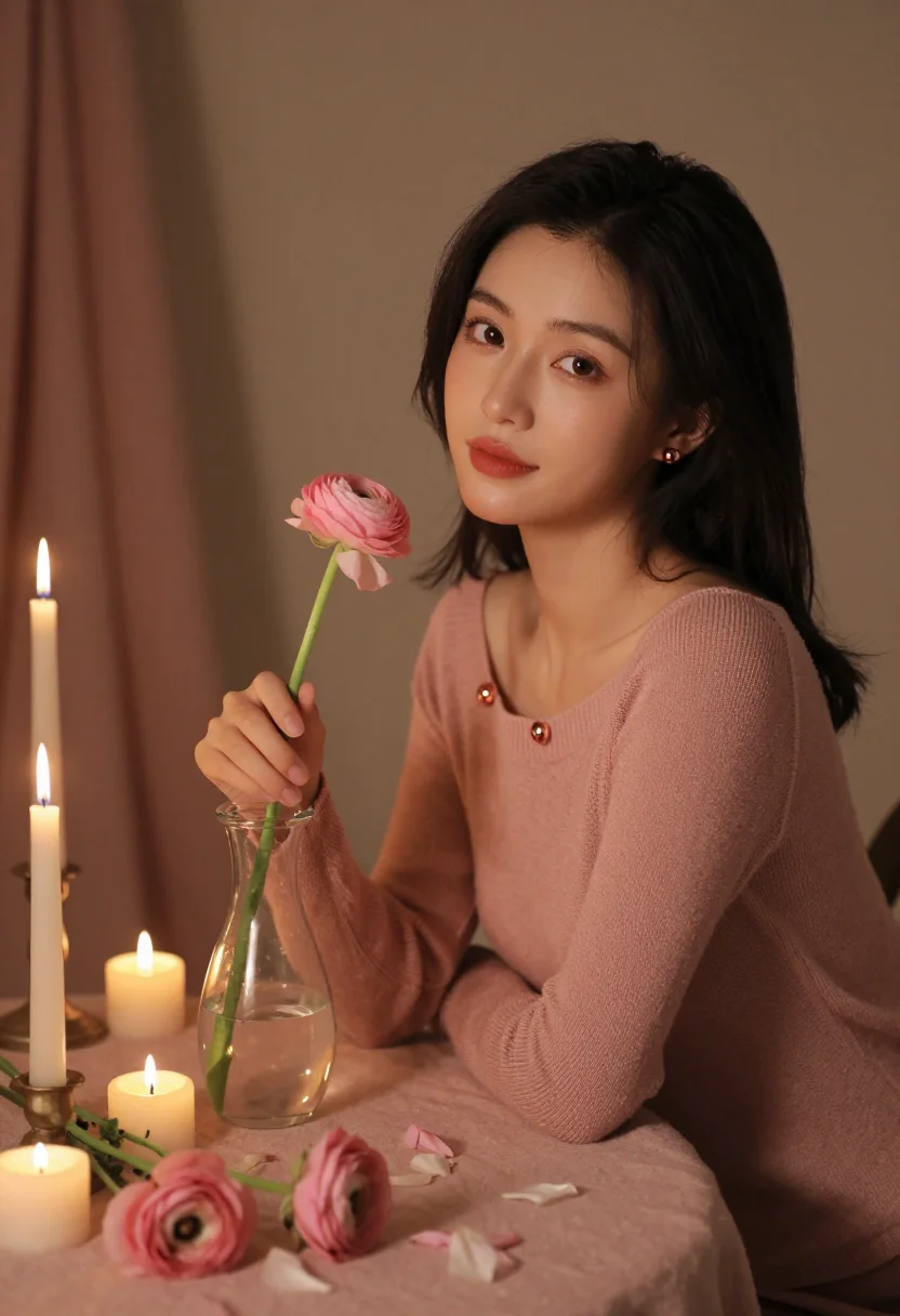 AI valentine table rose sample — portrait of a woman, ribs-up portrait of an East-Asian woman