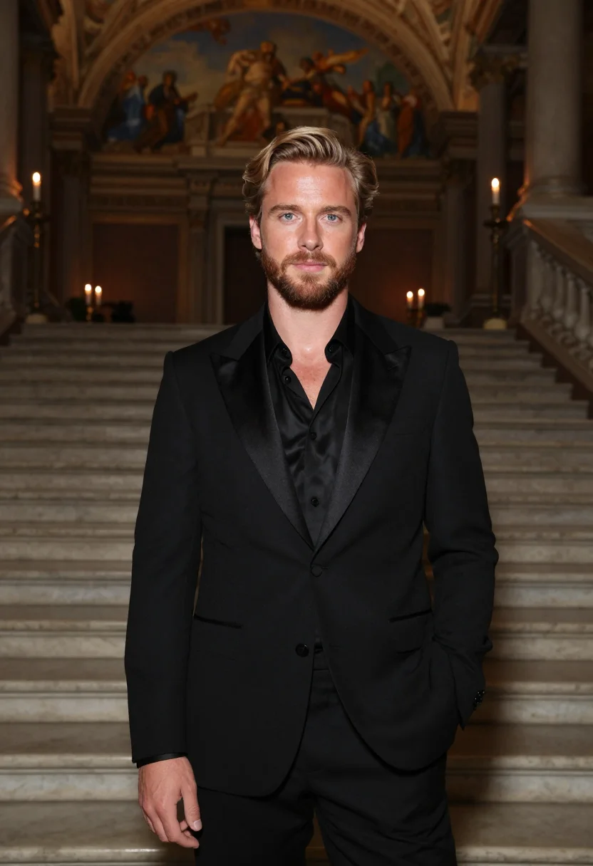 AI valentino couture palazzo mignanelli black tie men sample — portrait of a man, a Dutch man in his early forties with fai