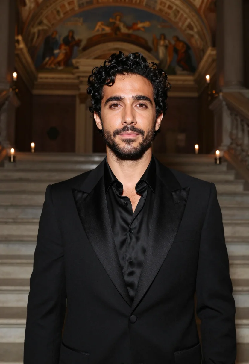 AI valentino couture palazzo mignanelli black tie men sample — portrait of a man, a Greek man in his mid-thirties with oliv