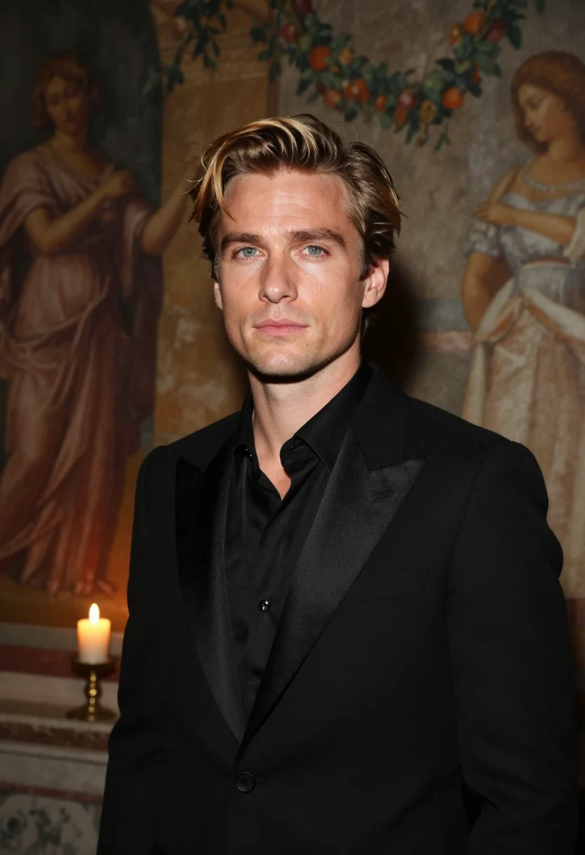 AI valentino couture palazzo mignanelli black tie men sample — portrait of a man, a French man in his early thirties with f