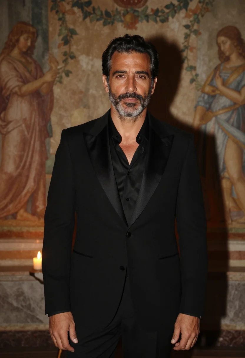 AI valentino couture palazzo mignanelli black tie men sample — portrait of a man, a Spanish man in his mid-forties with war