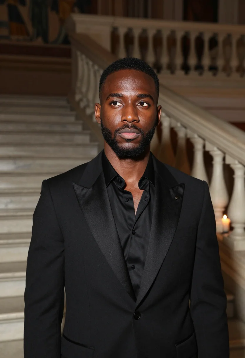 AI valentino couture palazzo mignanelli black tie men sample — portrait of a man, a Black French man in his early thirties