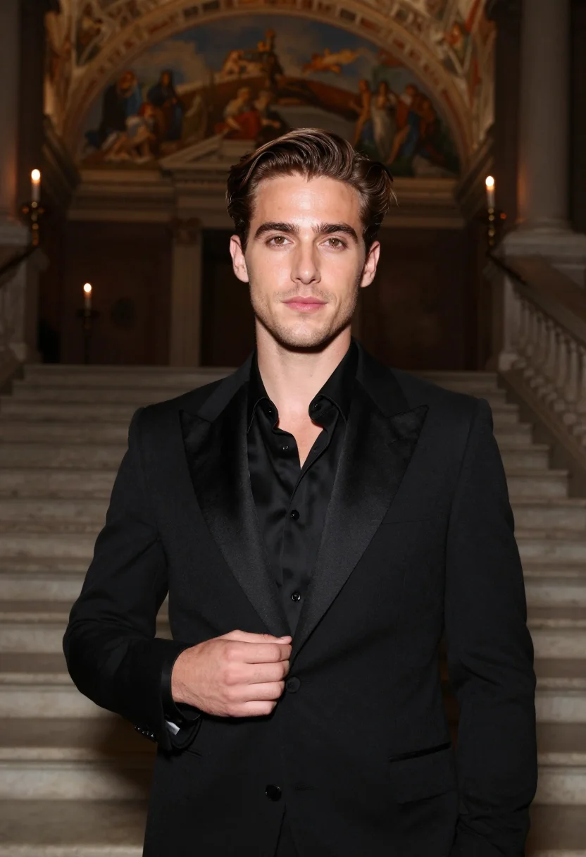 AI valentino couture palazzo mignanelli black tie men sample — portrait of a man, an Italian man in his late twenties with