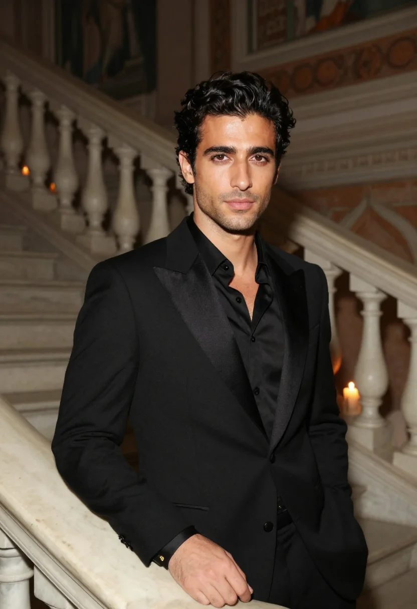 AI valentino couture palazzo mignanelli black tie men sample — portrait of a man, a Lebanese man in his late twenties with
