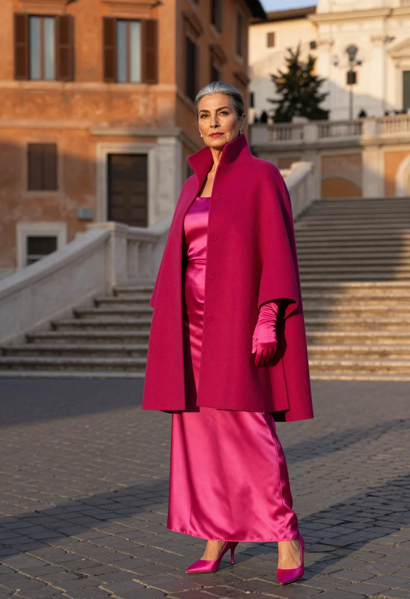 AI valentino pp pink piazza mignanelli fuchsia sample — portrait of a woman, an Italian woman in her late forties wi