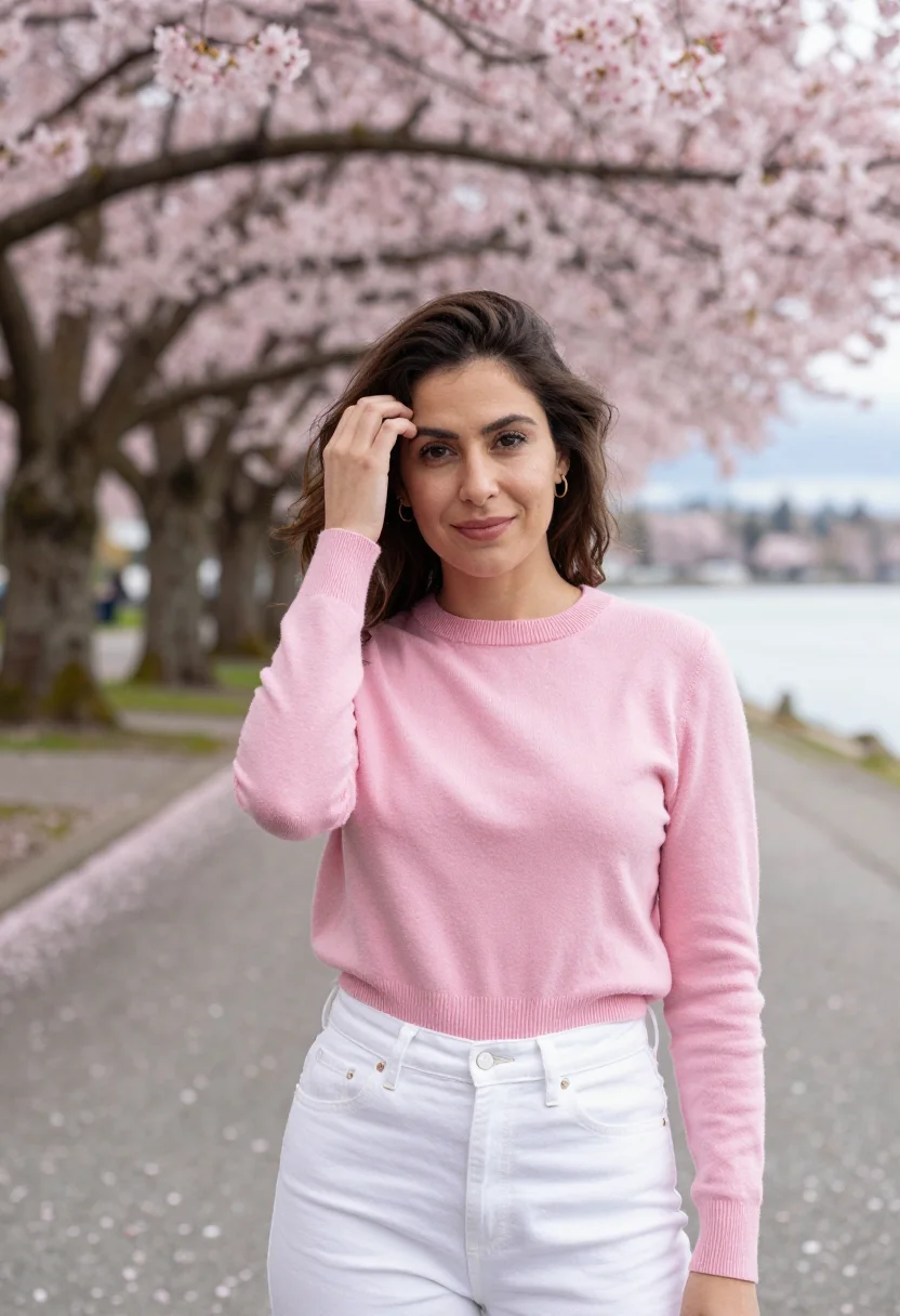 AI vancouver stanley park cherry april pink date sample — portrait of a woman, framed chest-up, cropped at the ribs, t