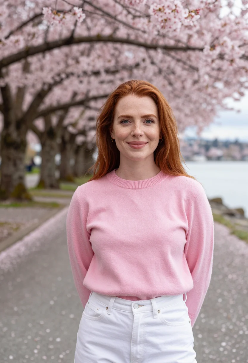 AI vancouver stanley park cherry april pink date sample — portrait of a woman, framed tight, head and shoulders, the b