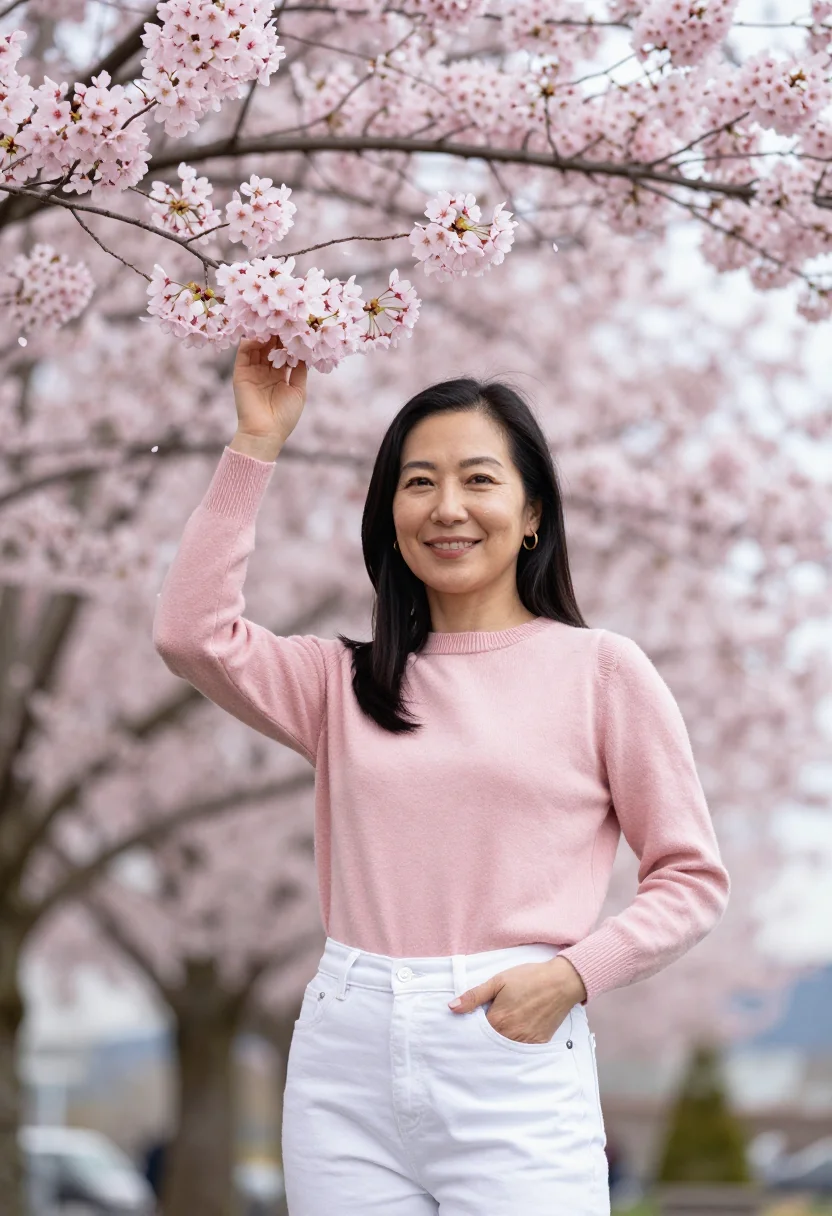 AI vancouver stanley park cherry april pink date sample — portrait of a woman, framed half-length from the head to the