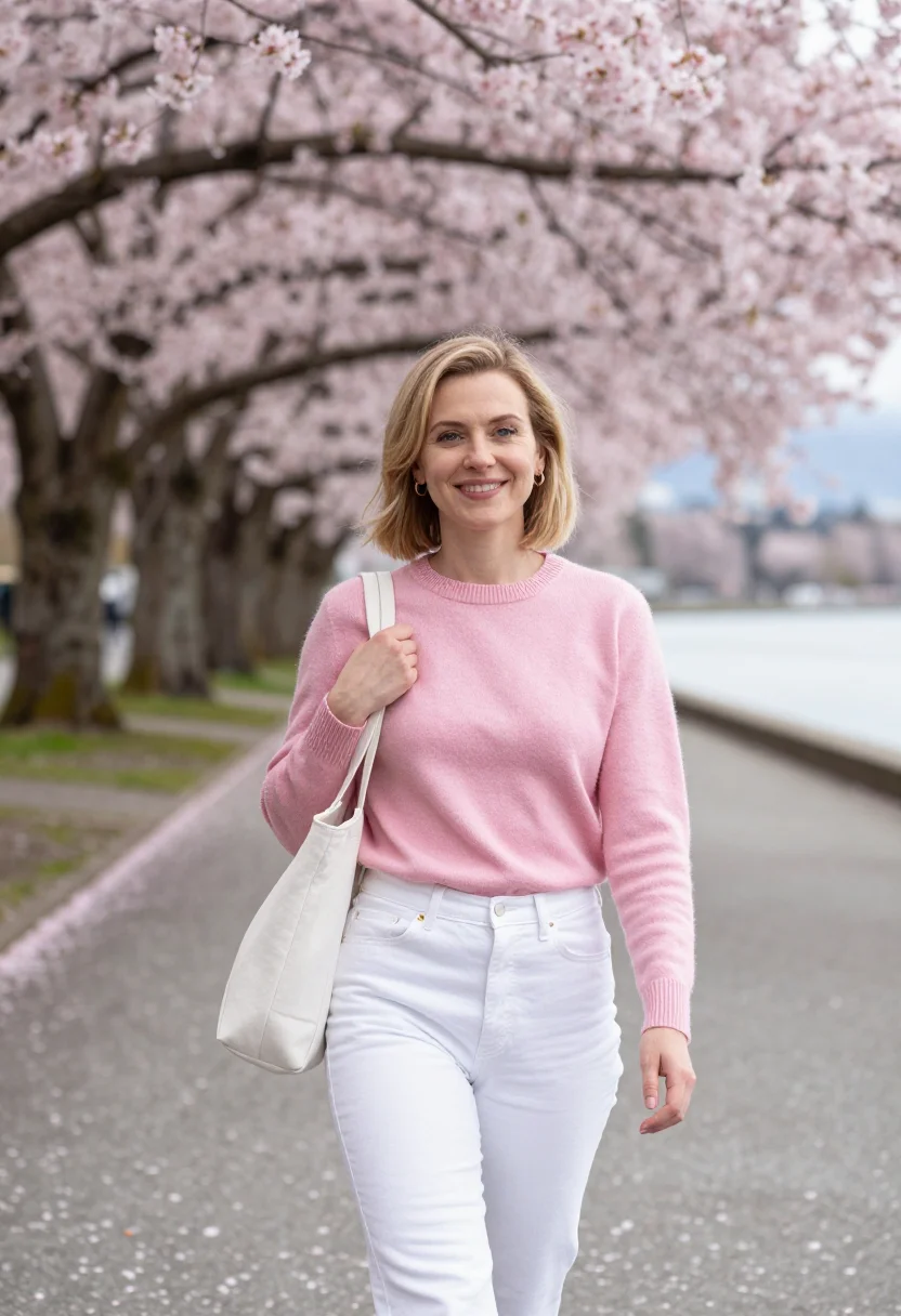 AI vancouver stanley park cherry april pink date sample — portrait of a woman, framed half-length from the head to the