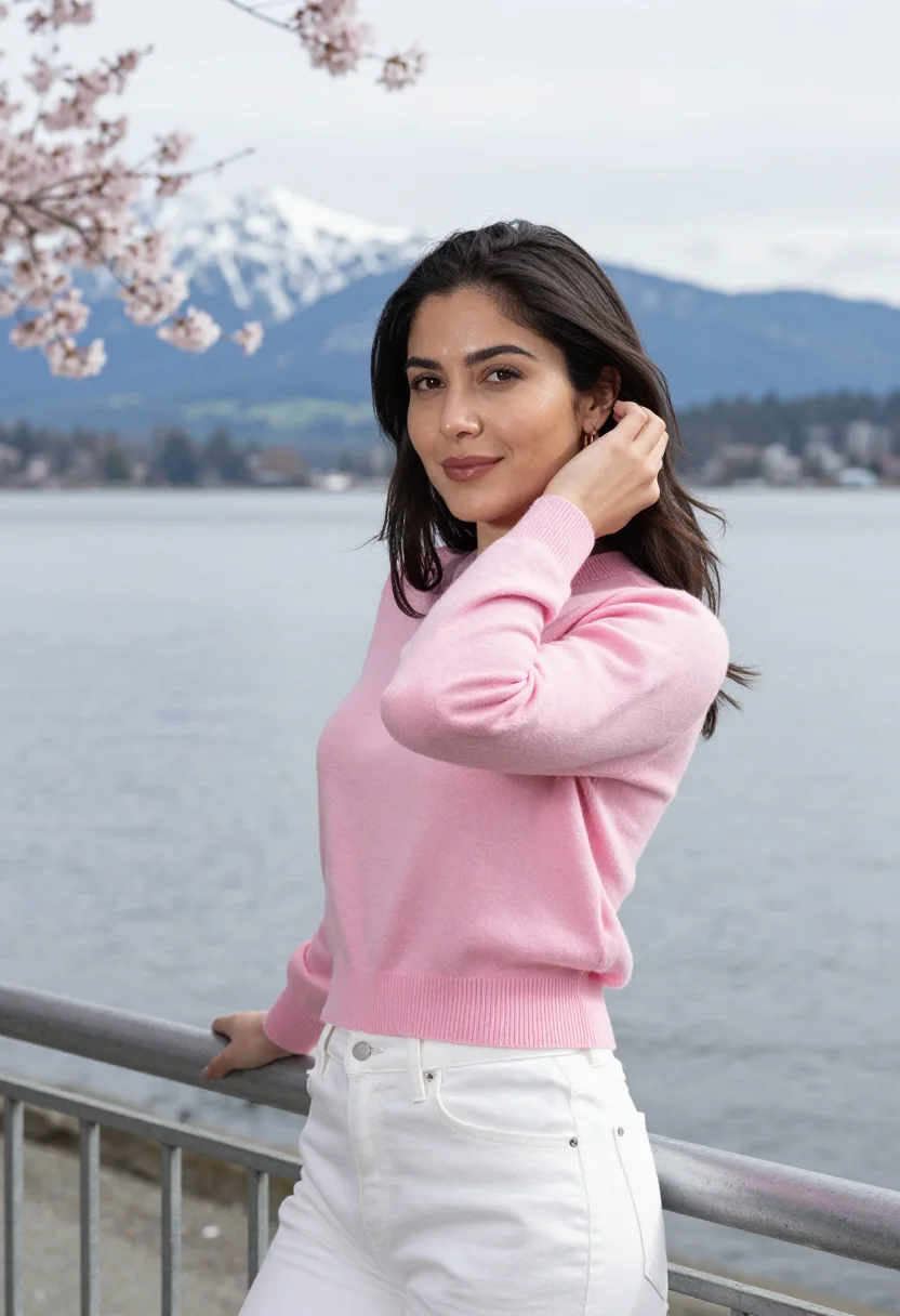 AI vancouver stanley park cherry april pink date sample — portrait of a woman, framed chest-up, cropped at the ribs, t
