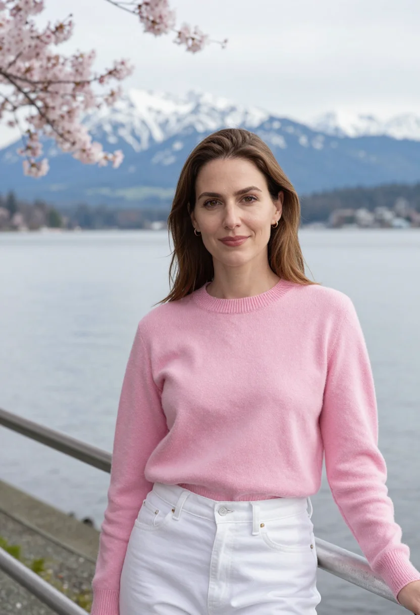AI vancouver stanley park cherry april pink date sample — portrait of a woman, framed tight, head and shoulders, the b