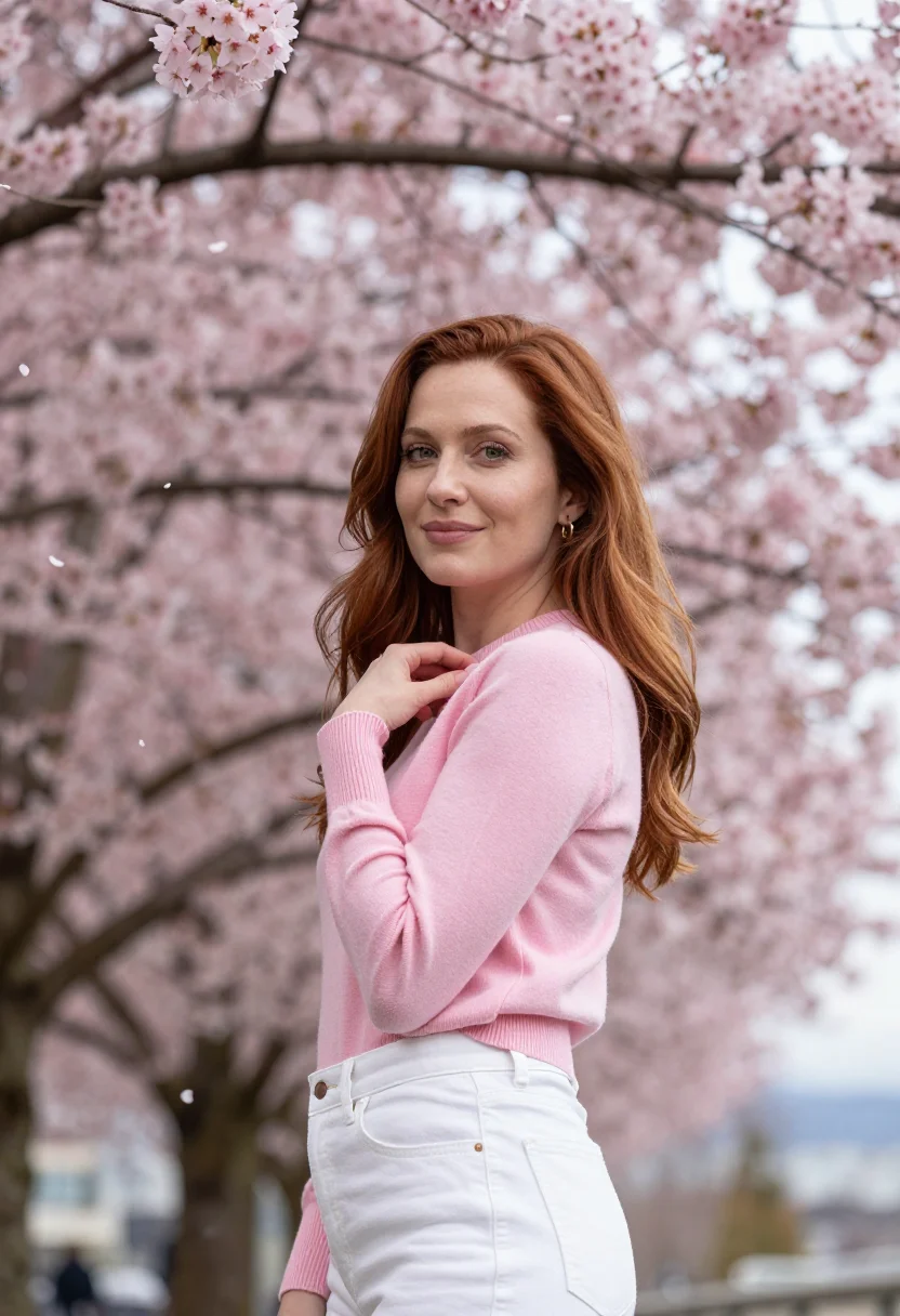 AI vancouver stanley park cherry april pink date sample — portrait of a woman, framed chest-up, cropped at the ribs, t