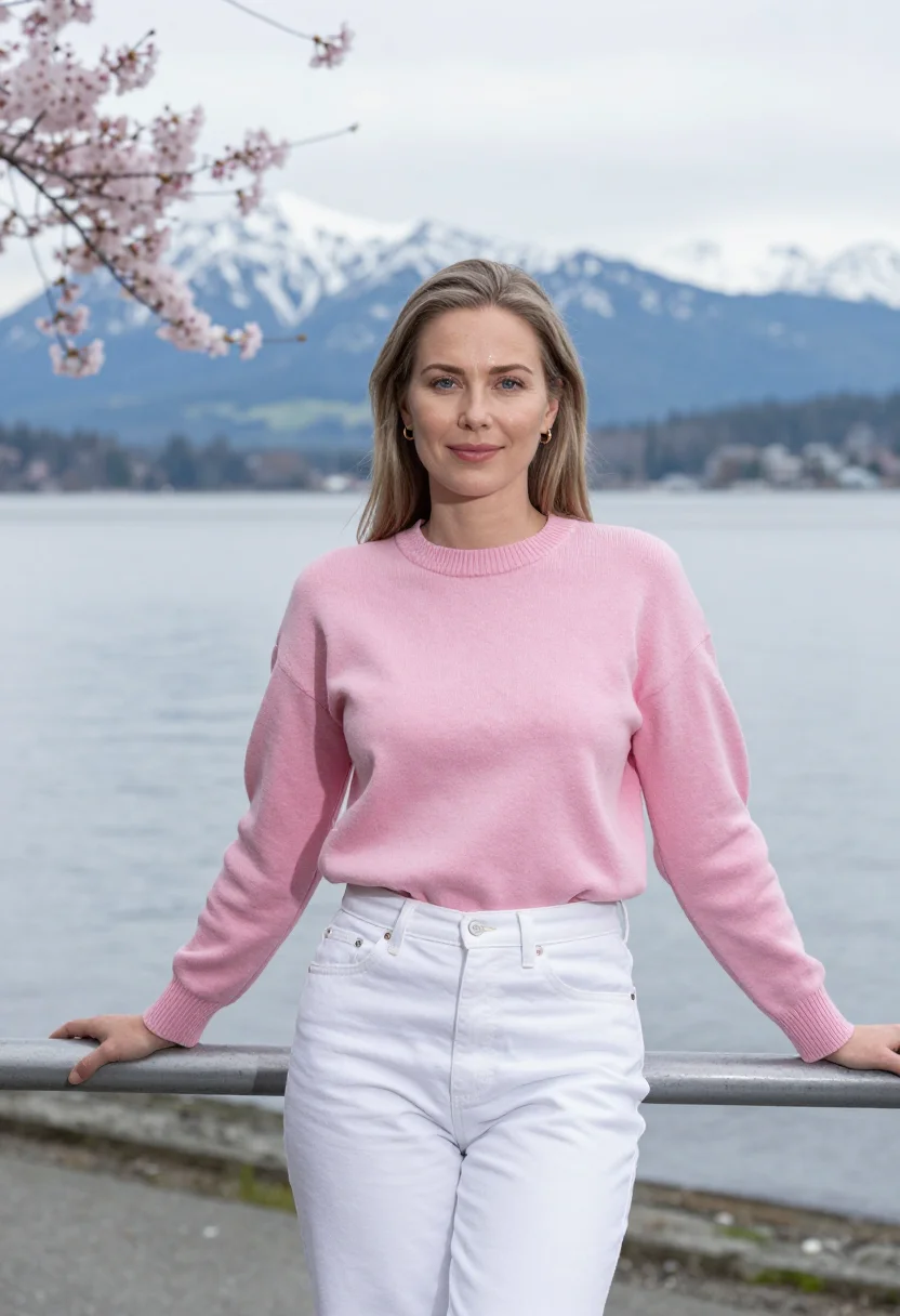 AI vancouver stanley park cherry april pink date sample — portrait of a woman, framed half-length from the head to the
