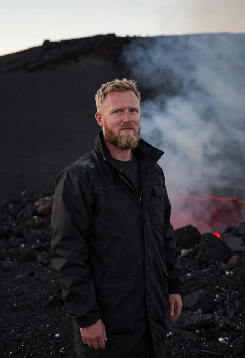 AI vanuatu volcanologist ash black lava red sample — portrait of a man, a volcanologist in his late thirties of I