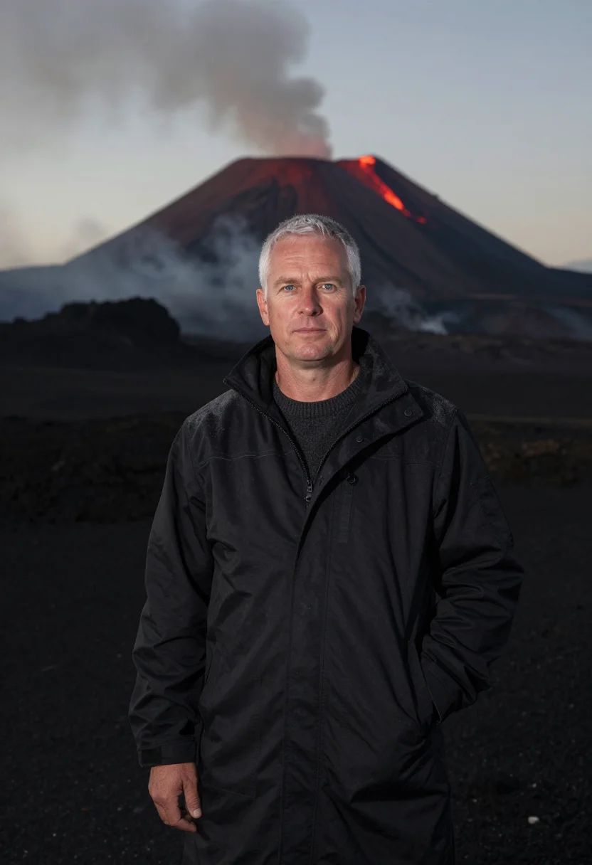 AI vanuatu volcanologist ash black lava red sample — portrait of a man, a volcanologist in his fifties of German
