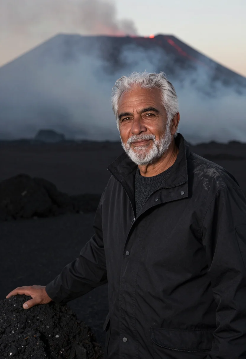 AI vanuatu volcanologist ash black lava red sample — portrait of a man, a volcanologist in his sixties of Italian