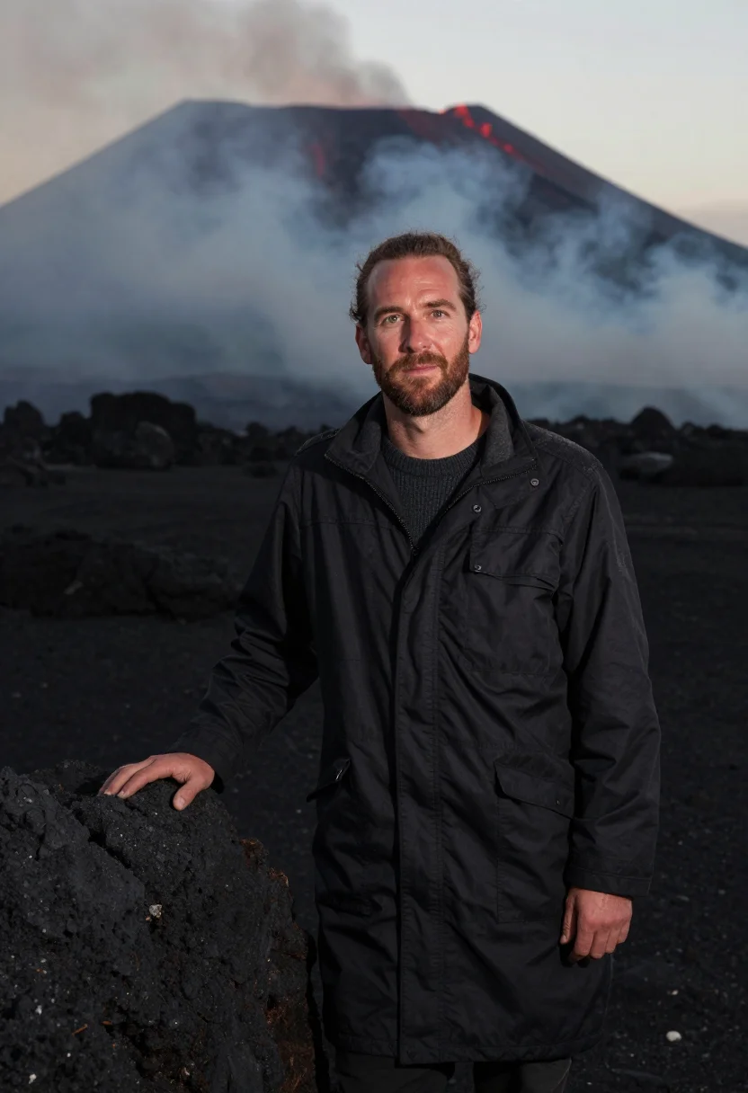 AI vanuatu volcanologist ash black lava red sample — portrait of a man, a volcanologist in his early forties of E