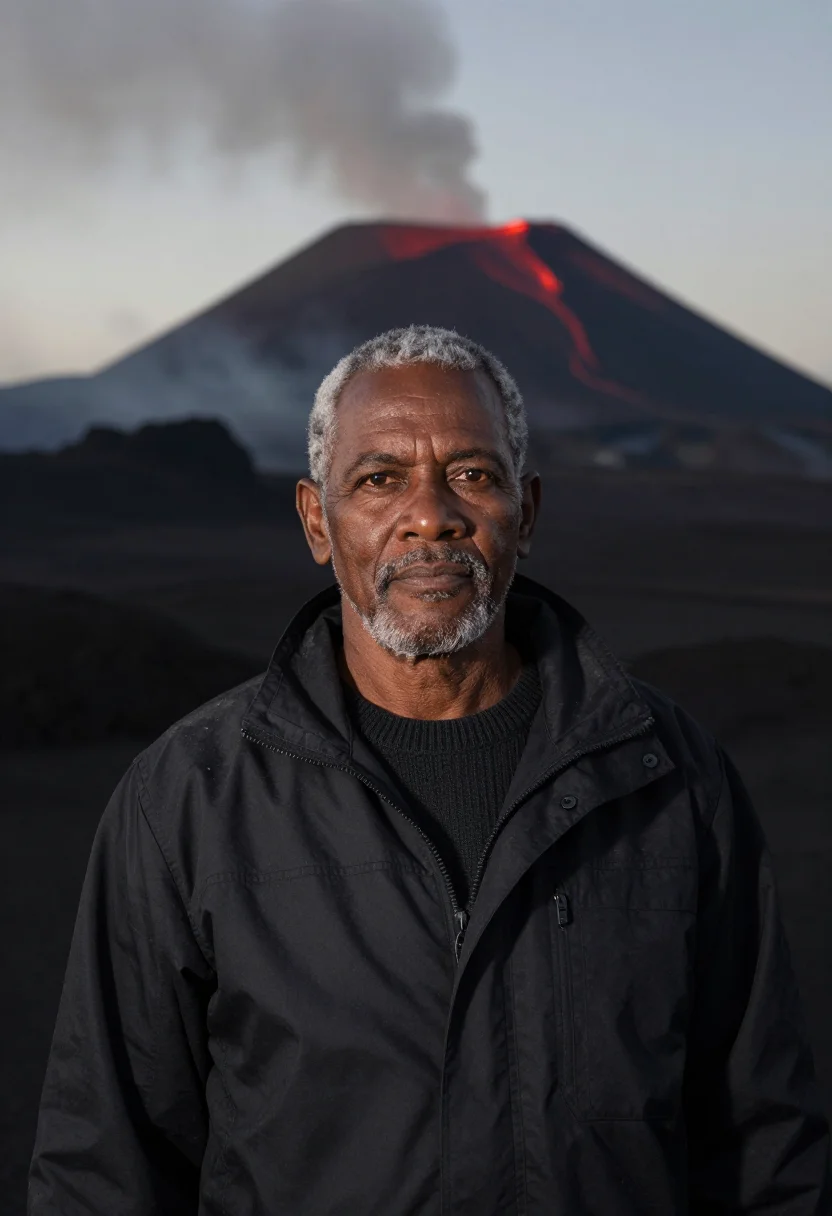 AI vanuatu volcanologist ash black lava red sample — portrait of a man, a volcanologist in his sixties of ni-Vanu