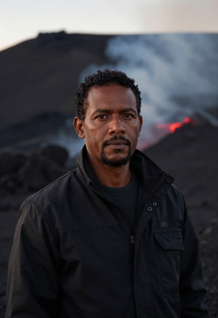 AI vanuatu volcanologist ash black lava red sample — portrait of a man, a volcanologist in his forties of ni-Vanu