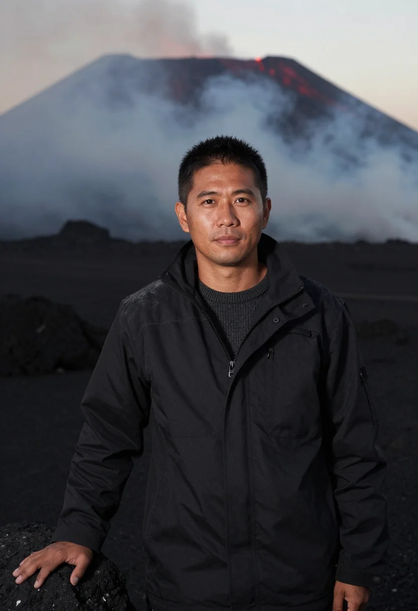 AI vanuatu volcanologist ash black lava red sample — portrait of a man, a volcanologist in his forties of Japanes