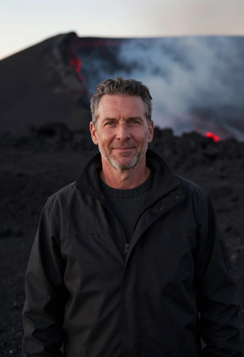 AI vanuatu volcanologist ash black lava red sample — portrait of a man, a volcanologist in his fifties of French
