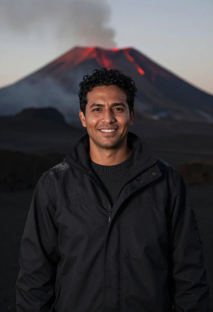 AI vanuatu volcanologist ash black lava red sample — portrait of a man, a volcanologist in his early thirties of
