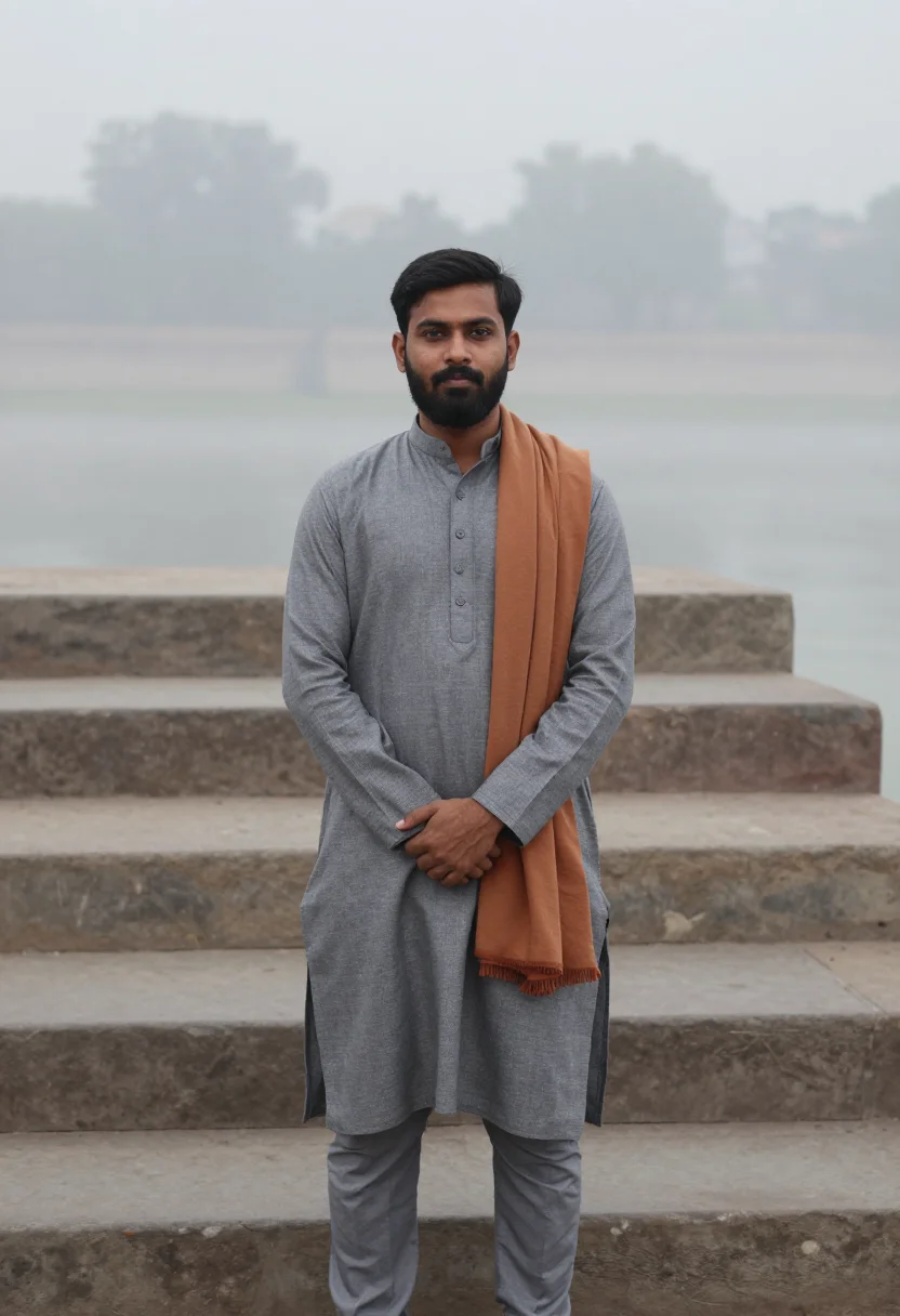AI varanasi ghats january fog saffron sample — portrait of a man, framed full-length, the figure standing i
