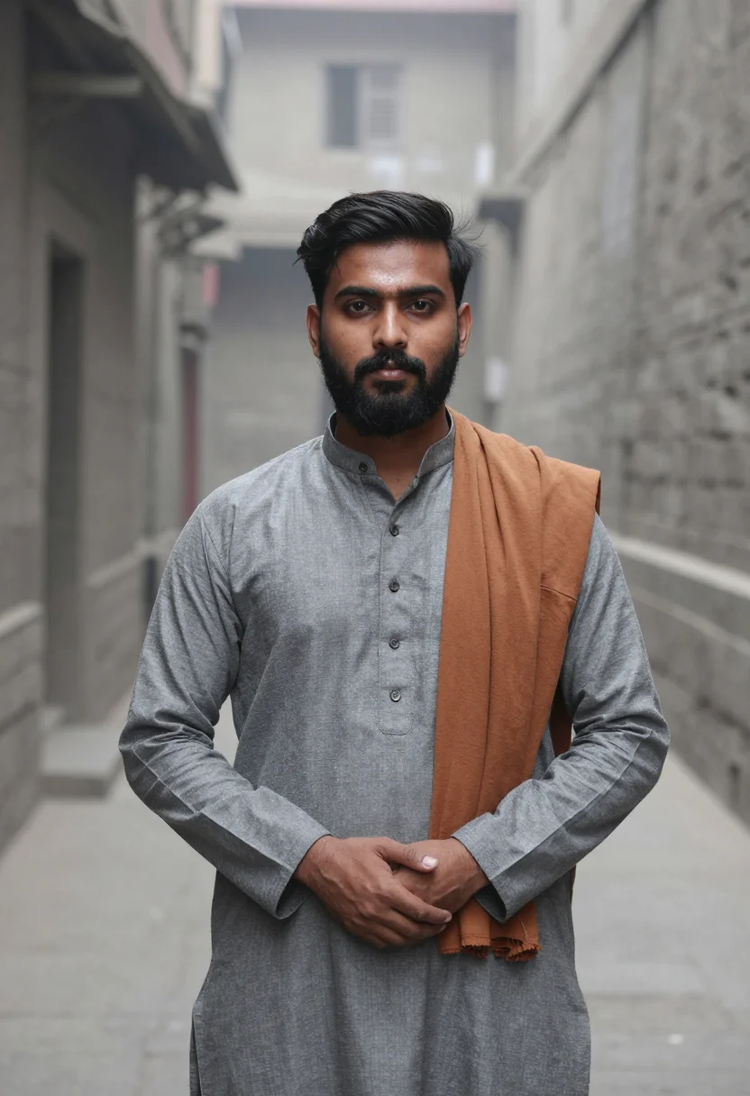 AI varanasi ghats january fog saffron sample — portrait of a man, framed chest-up, the body close to the le
