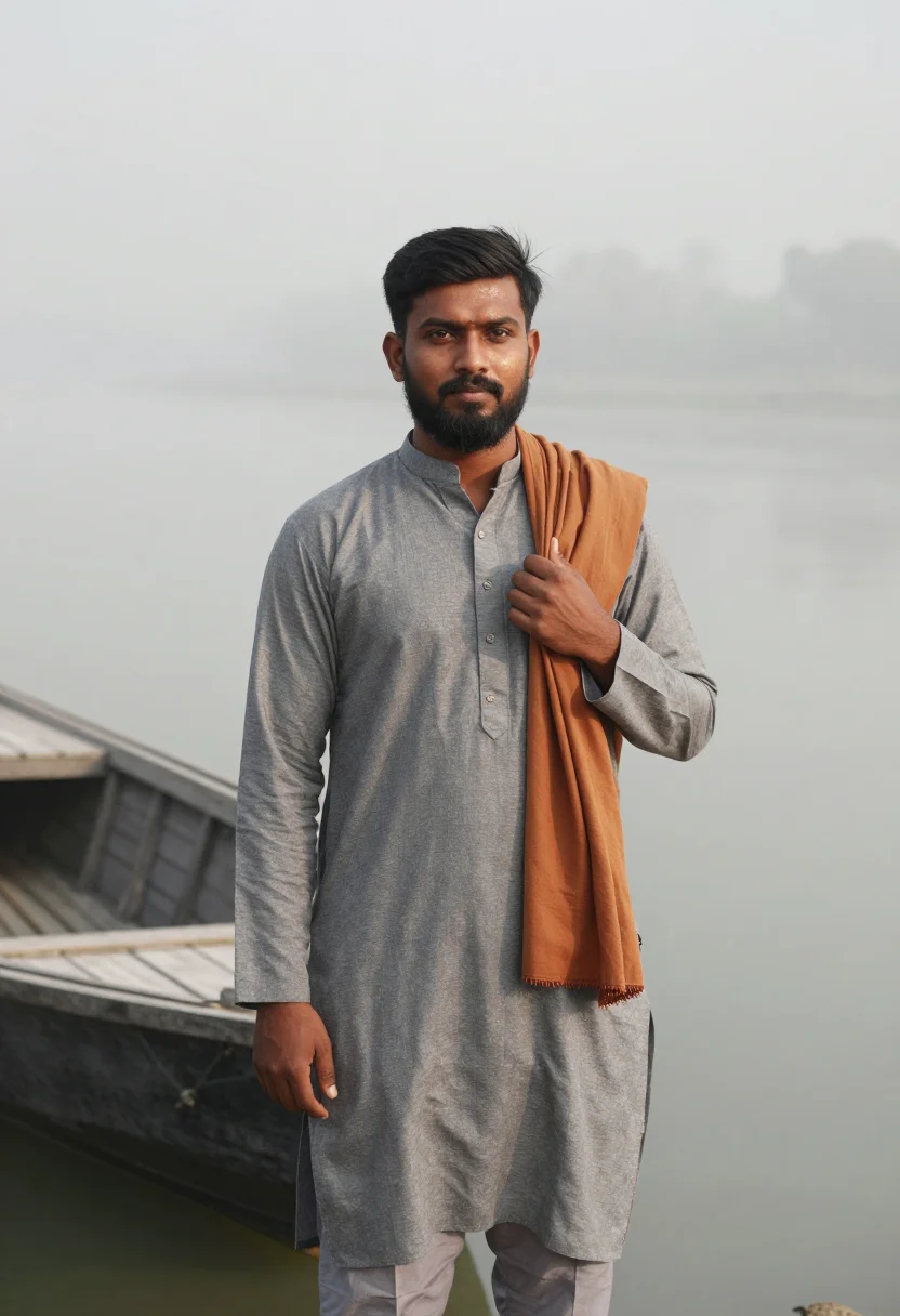 AI varanasi ghats january fog saffron sample — portrait of a man, framed three-quarter length, from the hea