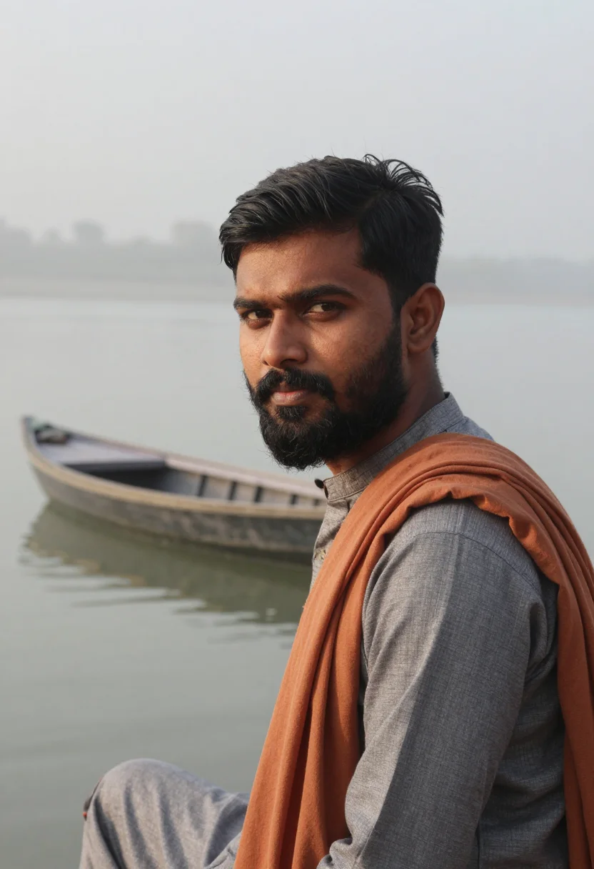 AI varanasi ghats january fog saffron sample — portrait of a man, framed tight, head and shoulders, the bod