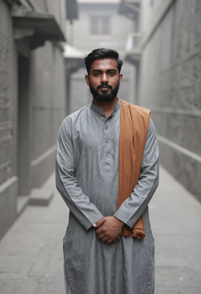 AI varanasi ghats january fog saffron sample — portrait of a man, framed half-length, to the waist, a moder