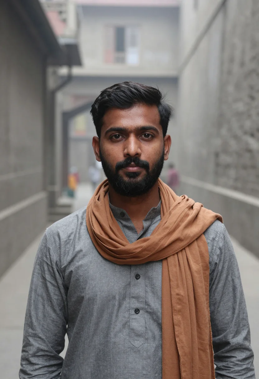 AI varanasi ghats january fog saffron sample — portrait of a man, framed tight, head and shoulders, the bod