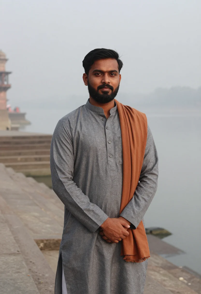 AI varanasi ghats january fog saffron sample — portrait of a man, framed chest-up, the body close to the le
