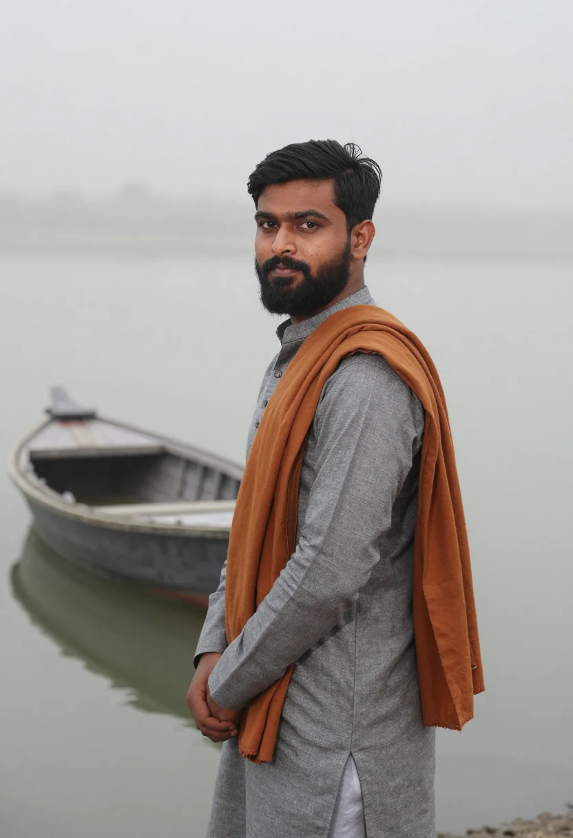 AI varanasi ghats january fog saffron sample — portrait of a man, framed chest-up, the body close to the le