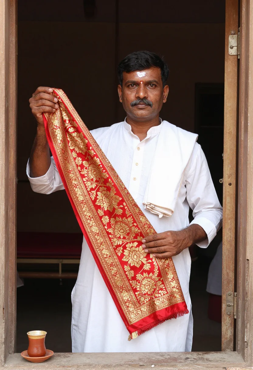 AI varanasi loom sample — portrait of a man, chest-up portrait of a North-Indian man i