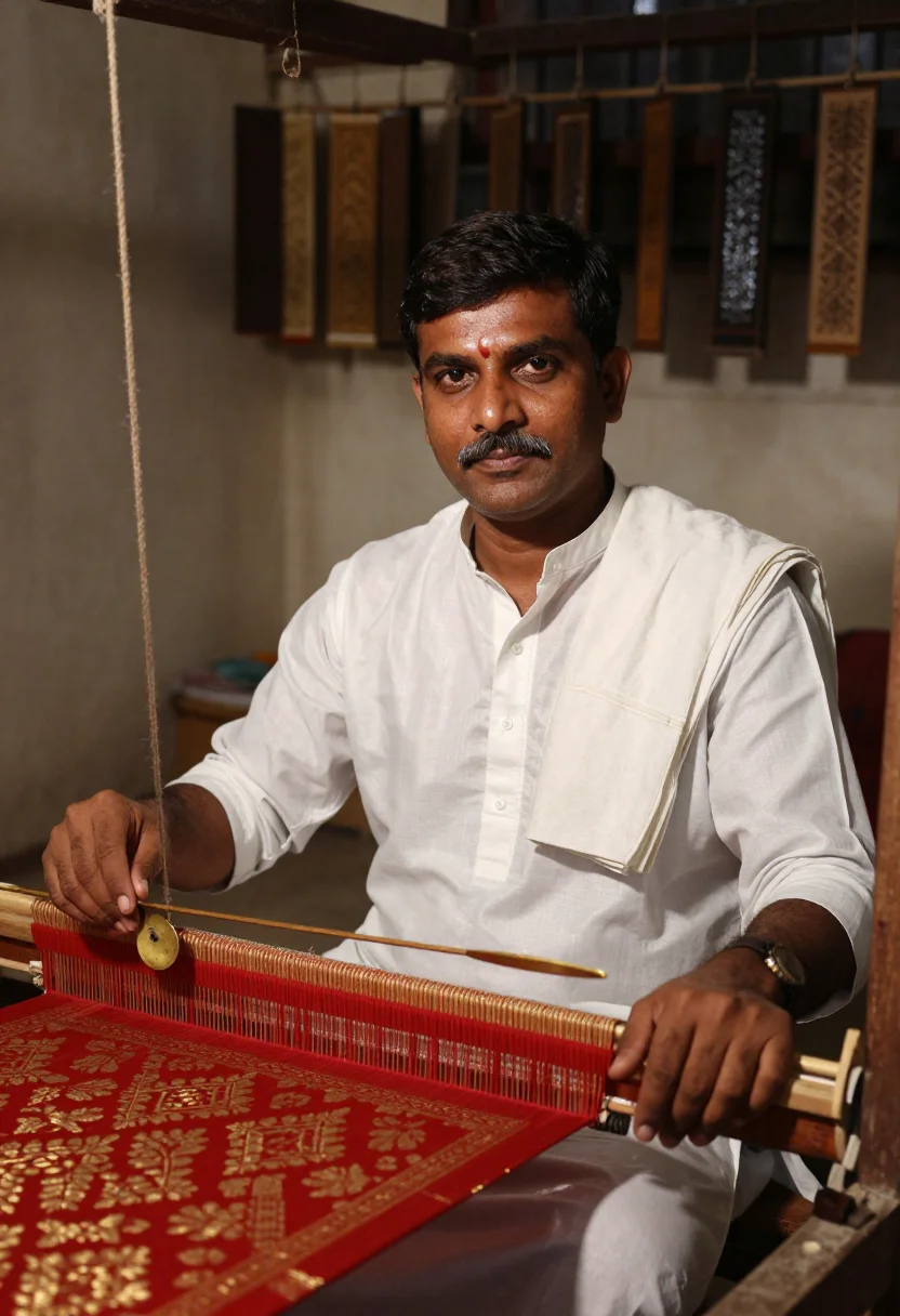 AI varanasi loom sample — portrait of a man, chest-up portrait of a North-Indian man i
