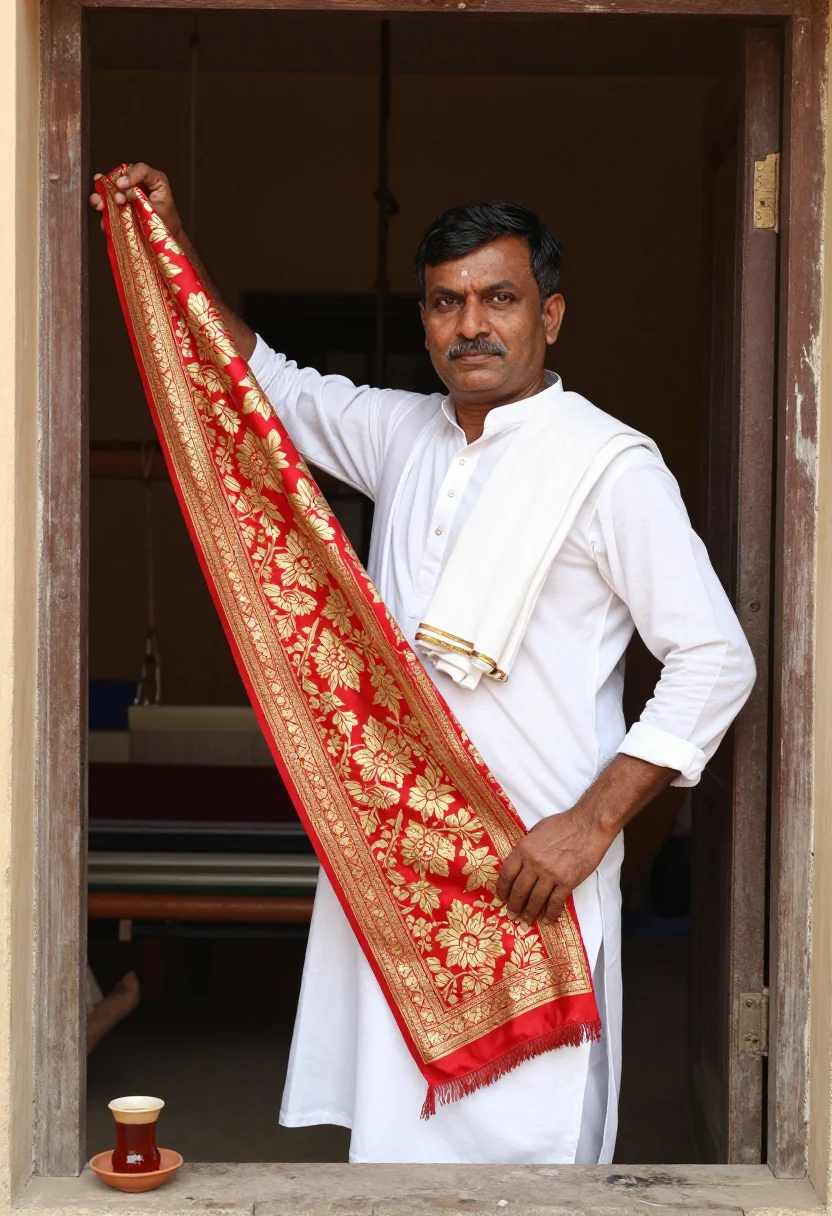 AI varanasi loom sample — portrait of a man, half-length portrait of a North-Indian ma