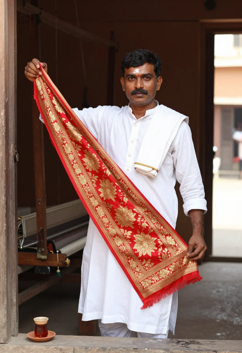 AI varanasi loom sample — portrait of a man, three-quarter-length portrait of a North-