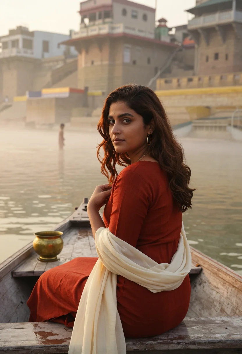 AI varanasi sample — portrait of a woman, chest-up close over-shoulder portrait o