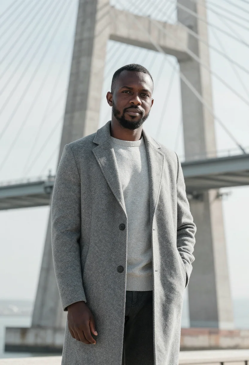 AI vasco da gama bridge engineer tagus grey sample — portrait of a man, of Angolan descent in his thirties with d