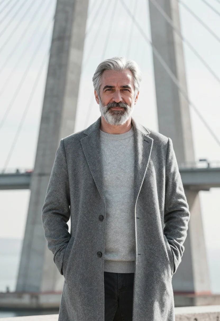 AI vasco da gama bridge engineer tagus grey sample — portrait of a man, in his late fifties with fair skin, grey