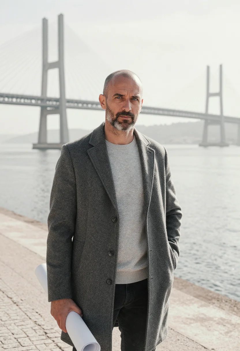 AI vasco da gama bridge engineer tagus grey sample — portrait of a man, in his forties with tanned fair skin, gre